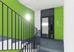Проект ЖК Надёжный - Лестничный пролет с нумерацией этажа и квартир